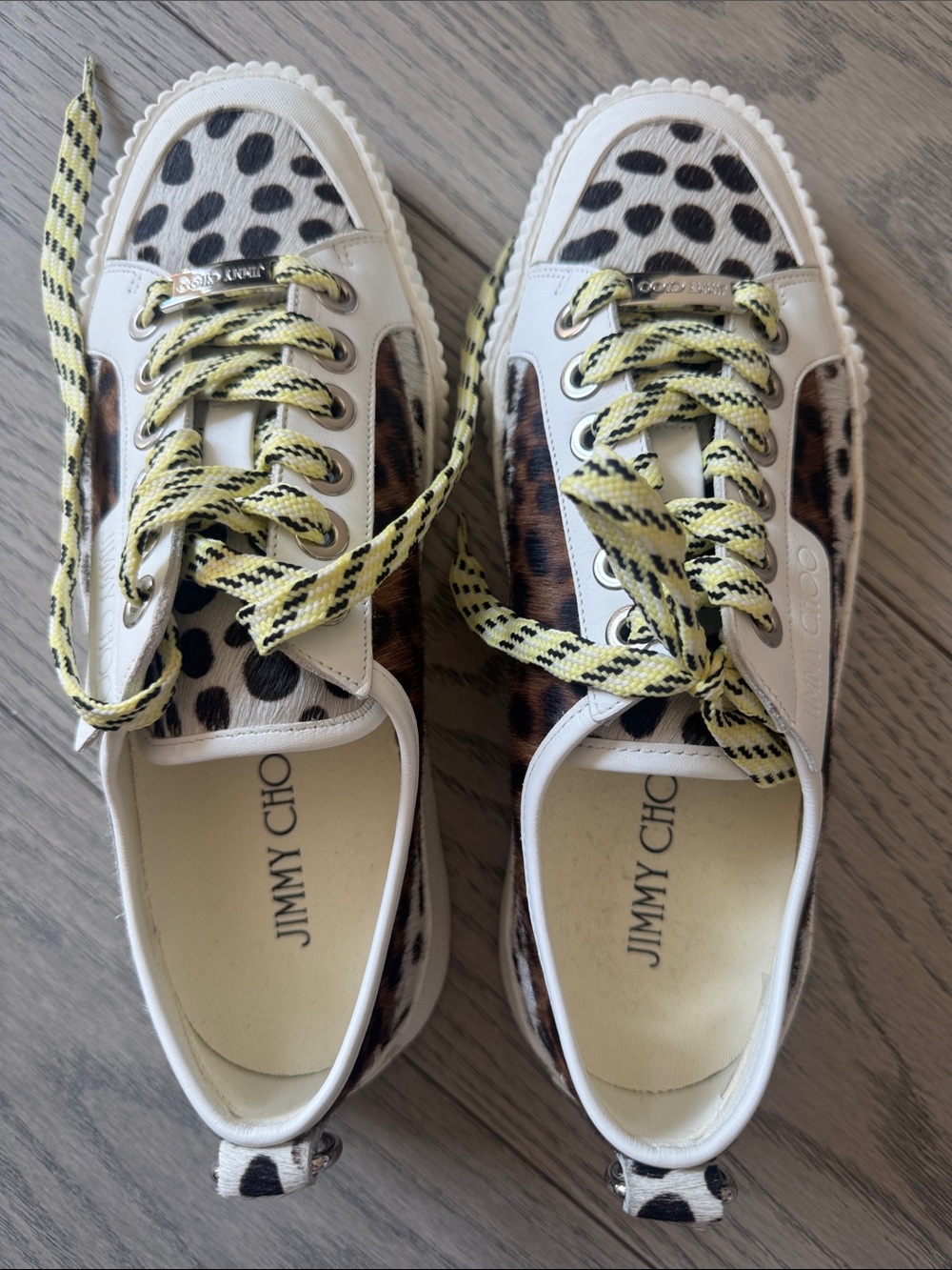 Jimmy Choo White Leopard & Brown Spot Low-Top Sneakers with Yellow Laces